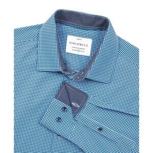 Construct Men's Slim Fit Gingham  Stretch Cooling Comfort Dress Shirt, Blue, S